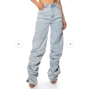 Akira NEVER CHANGE RUCHED RELAXED FIT JEANS IN LIGHT BLUE DENIM